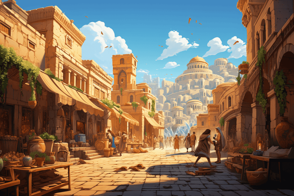 Cartoon picture of a busy street in ancient Greece.