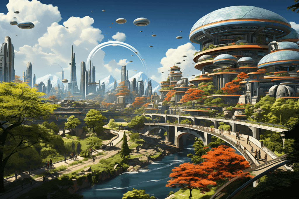 Cartoon picture of the future. There are large mushroom shaped buildings on the right, a stream in the middle and a walkway with people on the left.