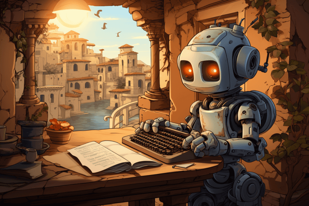 Cute grey metal robot generating content on a keyword while sitting at a window overlooking ancient Greece.