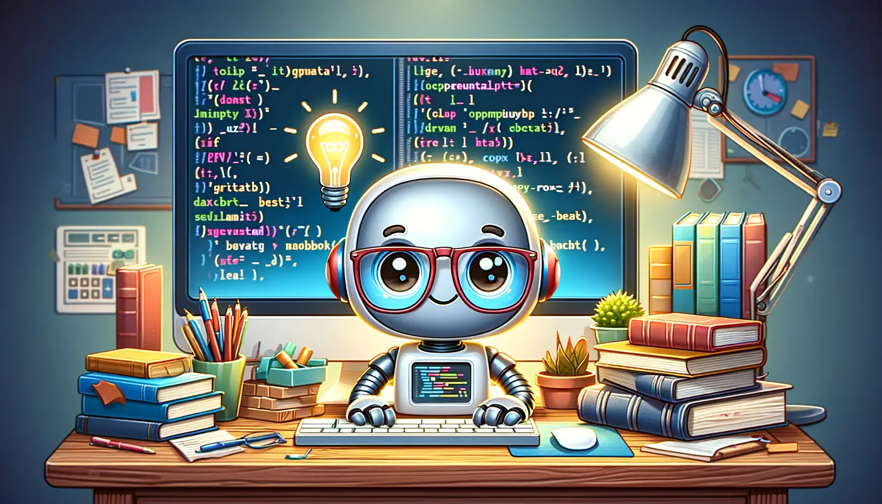 Cartoon image of a robot at a desk with books and a computer, displaying code. The robot, wearing glasses, types on a keyboard, with a lightbulb above its head, symbolizing inspiration, set in a cozy, tech-themed office.